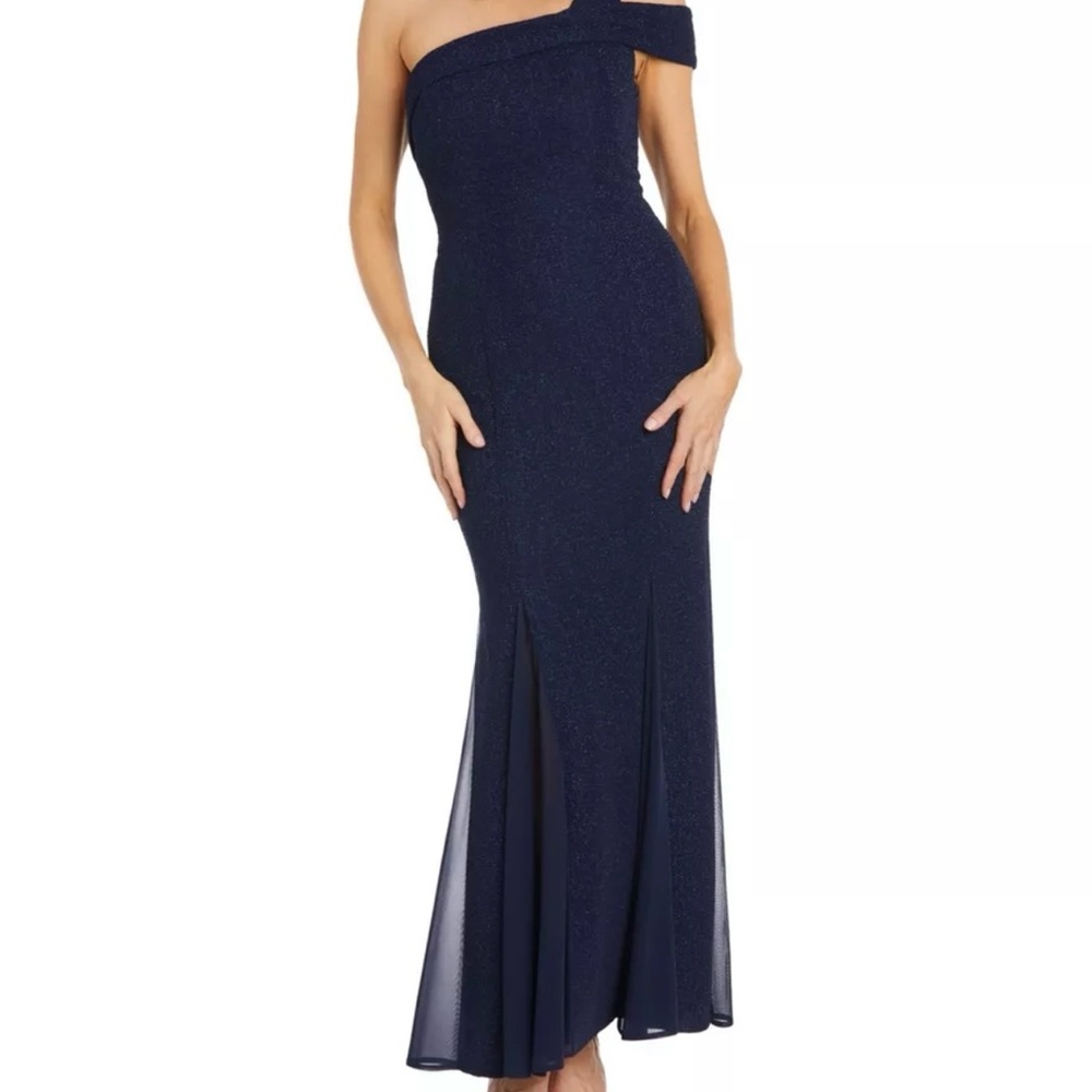 NIGHTWAY Womens Navy Godet Insets Short Sleeve Full-Length Formal Gown Dress 12